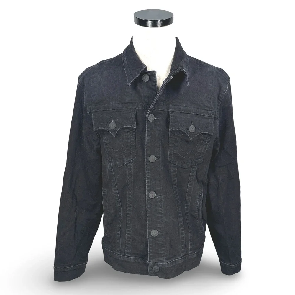 True Religion Mens‎ Black Denim Trucker Jacket Western Button Faded Black L